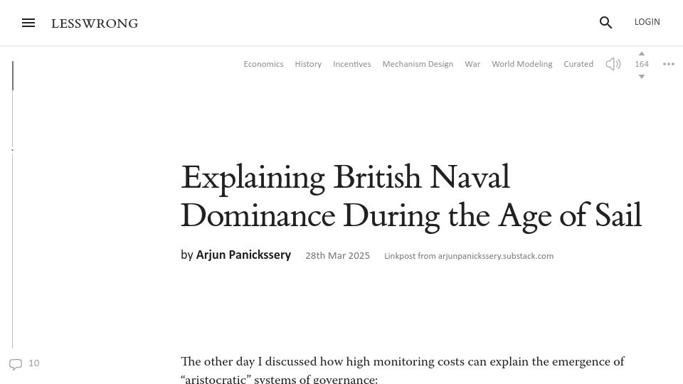 Screenshot of lesswrong.com: British naval dominance during the age of sail