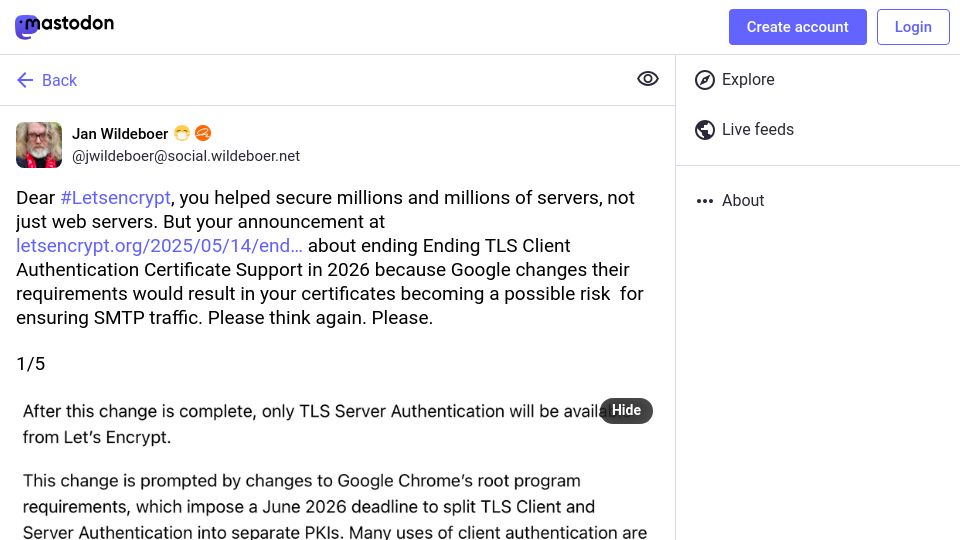 Screenshot of social.wildeboer.net: Letsencrypt will kill SMTP server auth following Chrome CA policy change