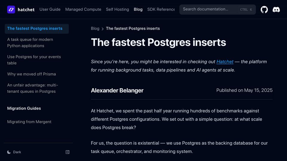 Screenshot of docs.hatchet.run: The fastest Postgres inserts