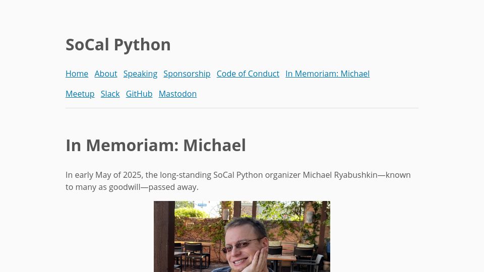 Screenshot of socalpython.org: "Goodwill", key member of the SoCal Python Community has passed away