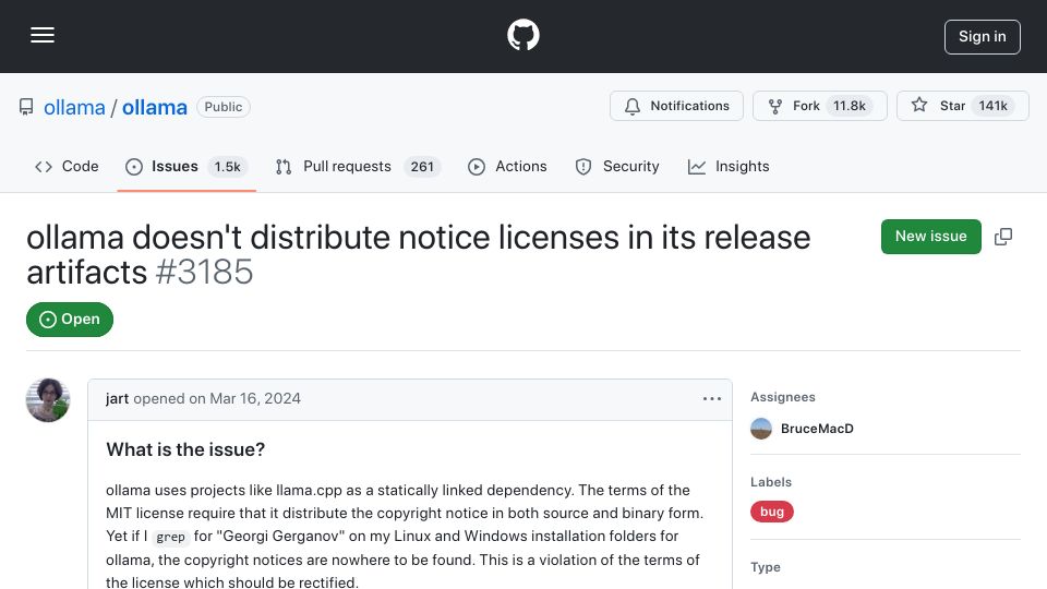 Screenshot of github.com: Ollama violating llama.cpp license for over a year