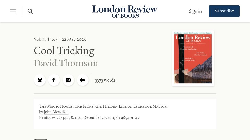 Screenshot of lrb.co.uk: The Magic Hours: The Films and Hidden Life of Terrence Malick
