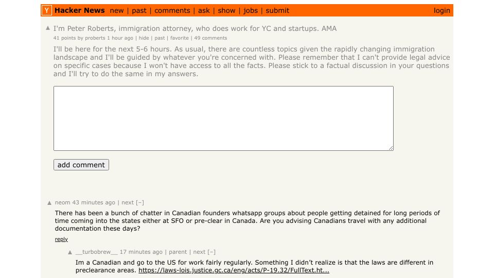 Screenshot of Hacker News post: I'm Peter Roberts, immigration attorney, who does work for YC and startups. AMA