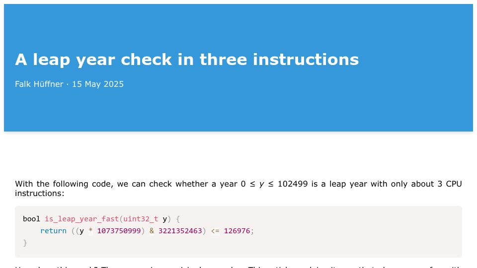Screenshot of hueffner.de: A leap year check in three instructions