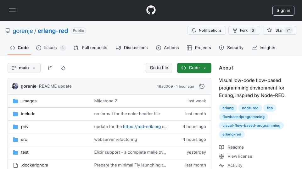 Screenshot of github.com: Show HN: Visual flow-based programming for Erlang, inspired by Node-RED