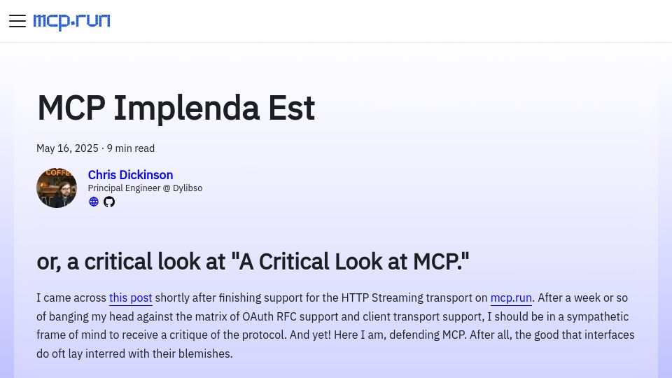 Screenshot of docs.mcp.run: A Critical Look at "A Critical Look at MCP."
