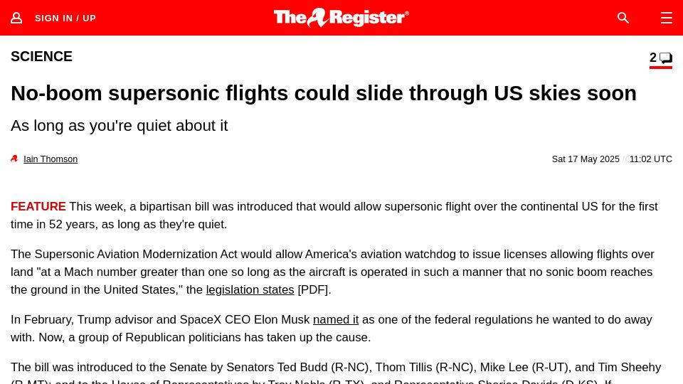 Screenshot of theregister.com: No-boom supersonic flights could slide through US skies soon