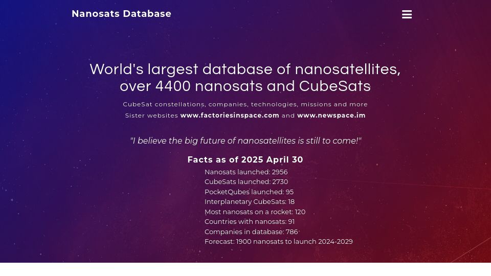 Screenshot of nanosats.eu: Largest database of nanosatellites, over 4400 nanosats and CubeSats