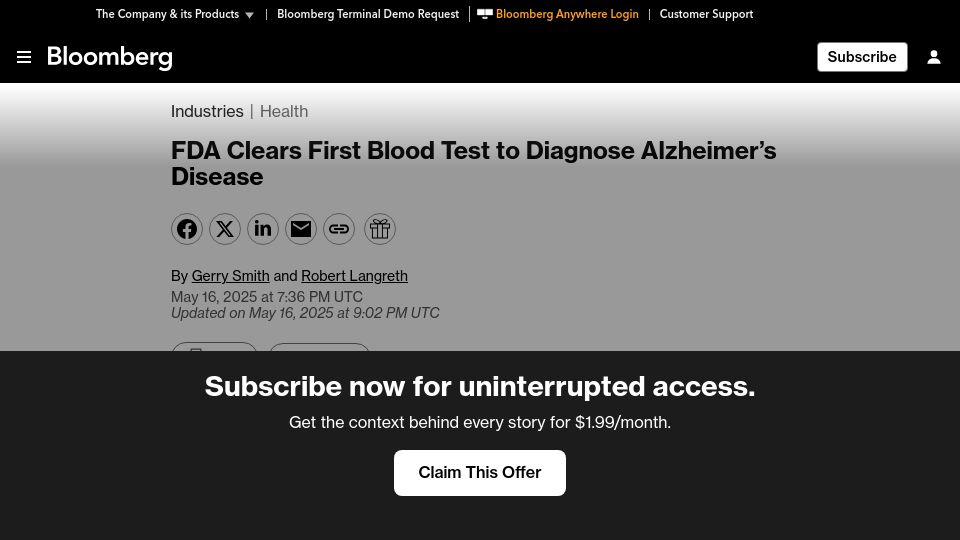 Screenshot of bloomberg.com: FDA Clears First Blood Test to Diagnose Alzheimer's