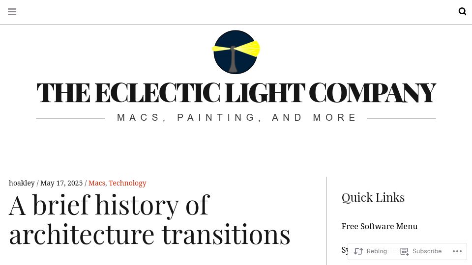 Screenshot of eclecticlight.co: A brief history of Mac architecture transitions