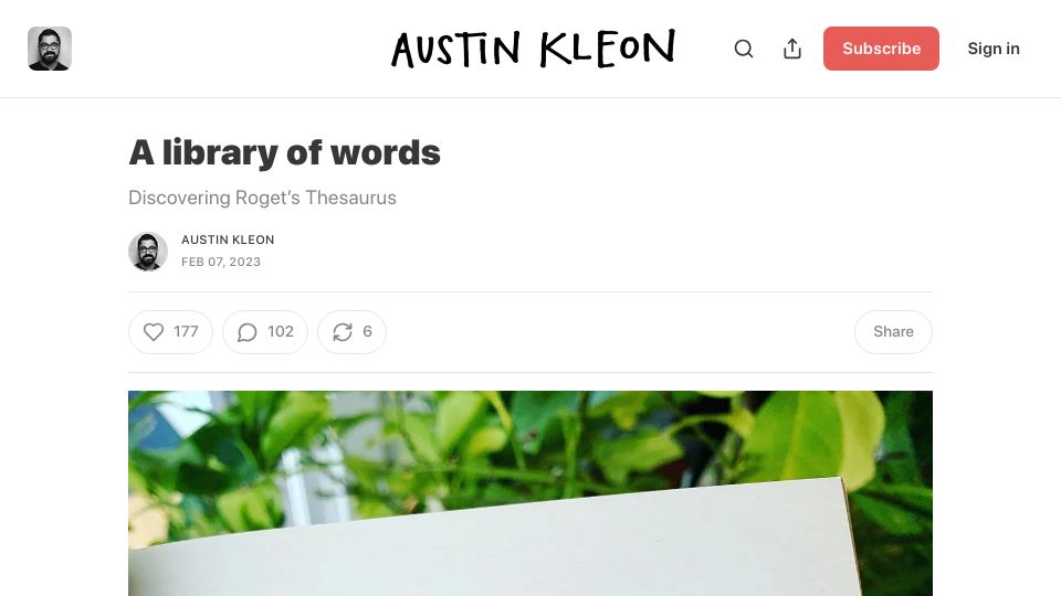 Screenshot of austinkleon.substack.com: A library of words: Discovering Roget's Thesaurus (2023)