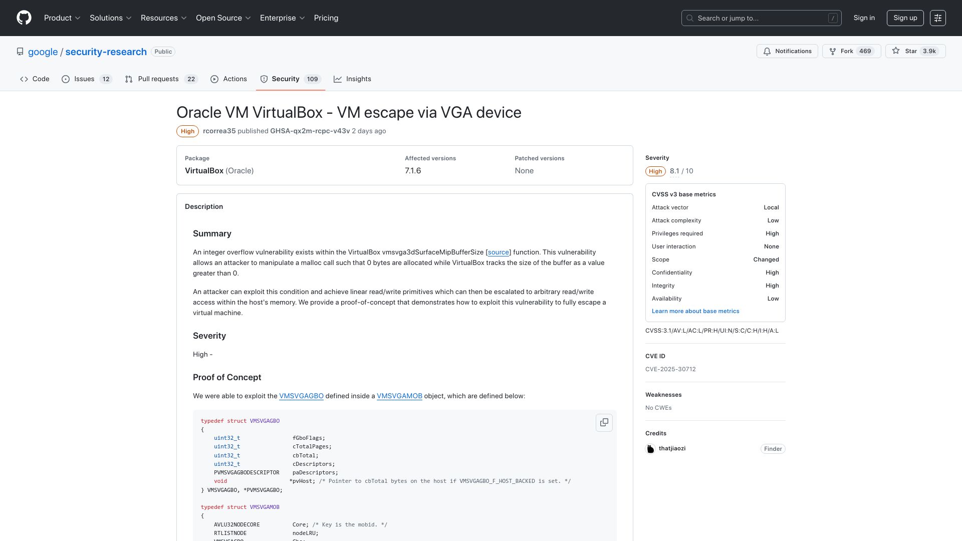 Screenshot of github.com: Oracle VM VirtualBox – VM Escape via VGA Device