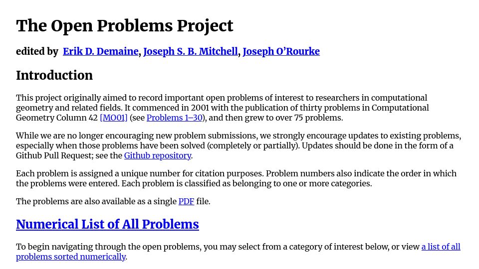 Screenshot of topp.openproblem.net: Open Problems in Computational geometry