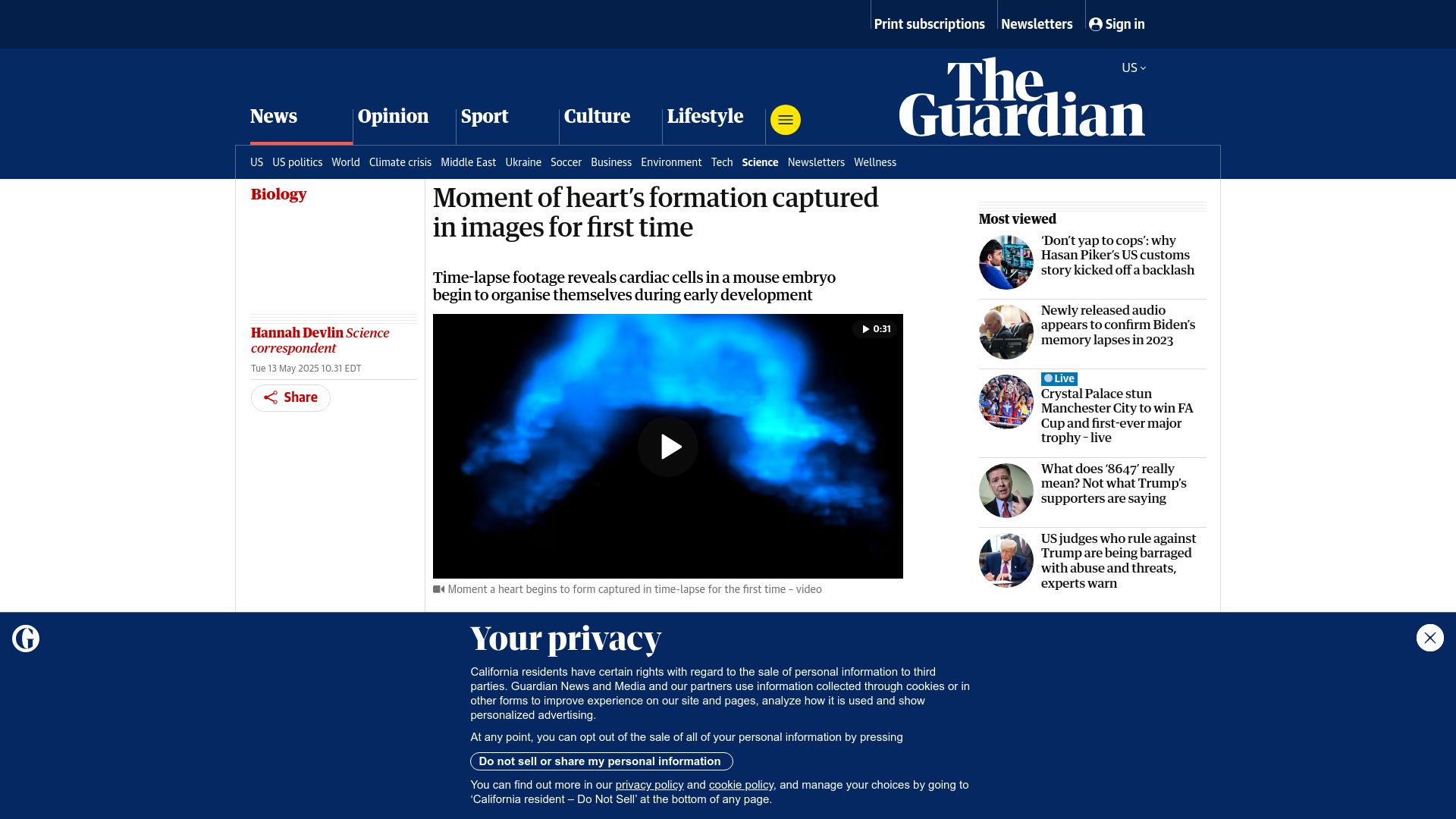 Screenshot of theguardian.com: Moment of heart's formation captured in images for first time