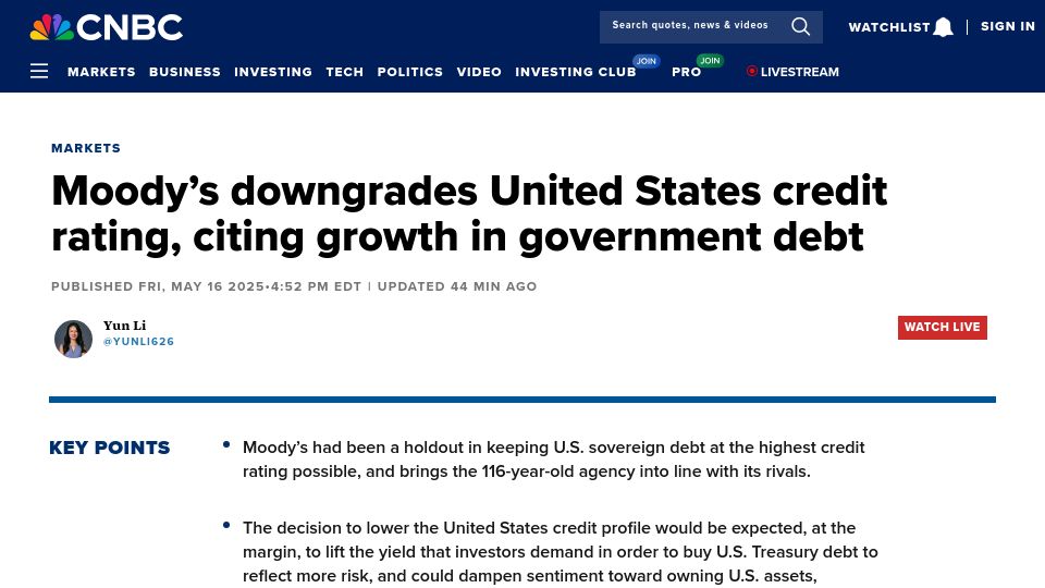 Screenshot of cnbc.com: Moody's downgrades United States credit rating