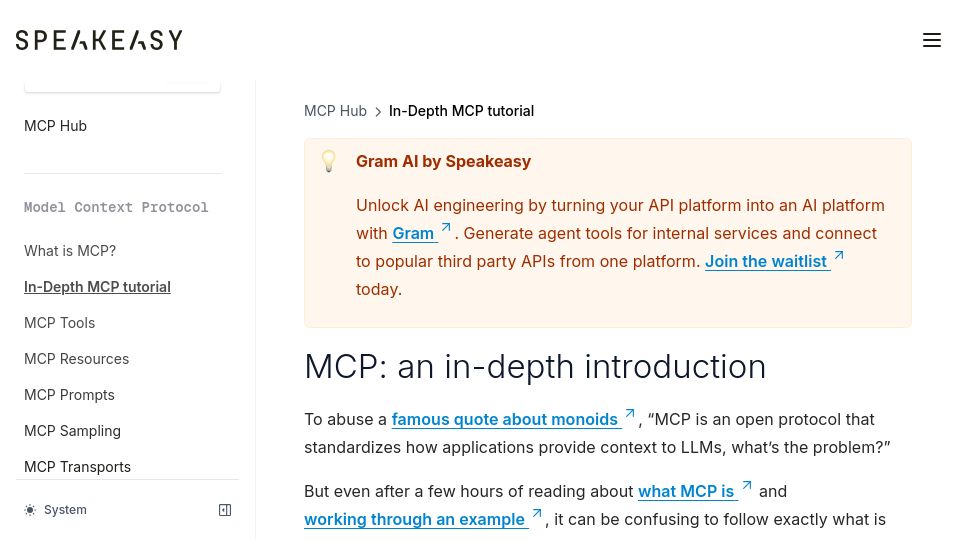 Screenshot of speakeasy.com: MCP: An in-depth introduction