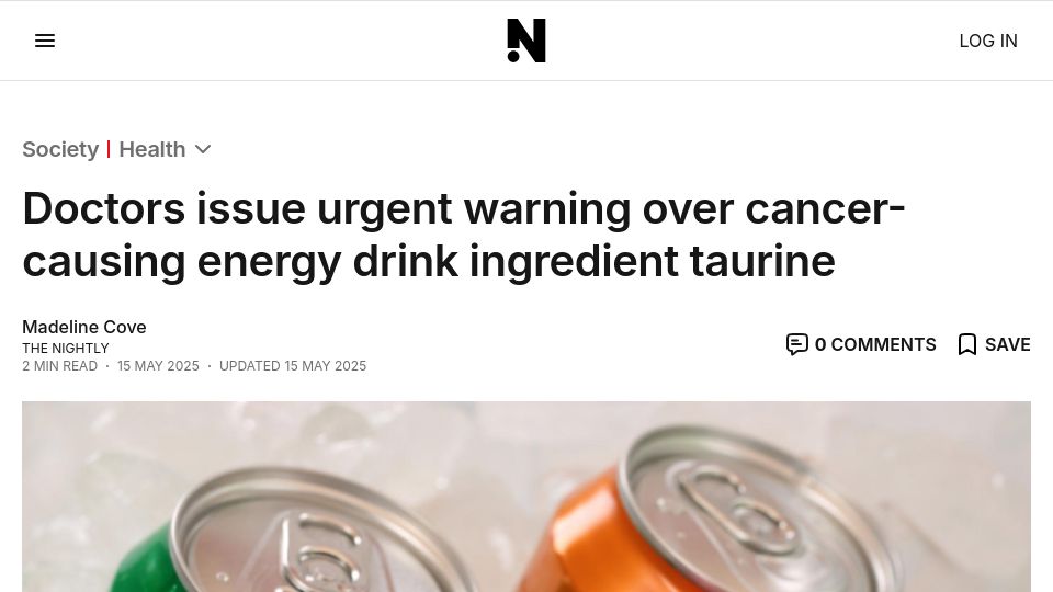 Screenshot of thenightly.com.au: Energy drinks linked to rise in colorectal and blood cancer