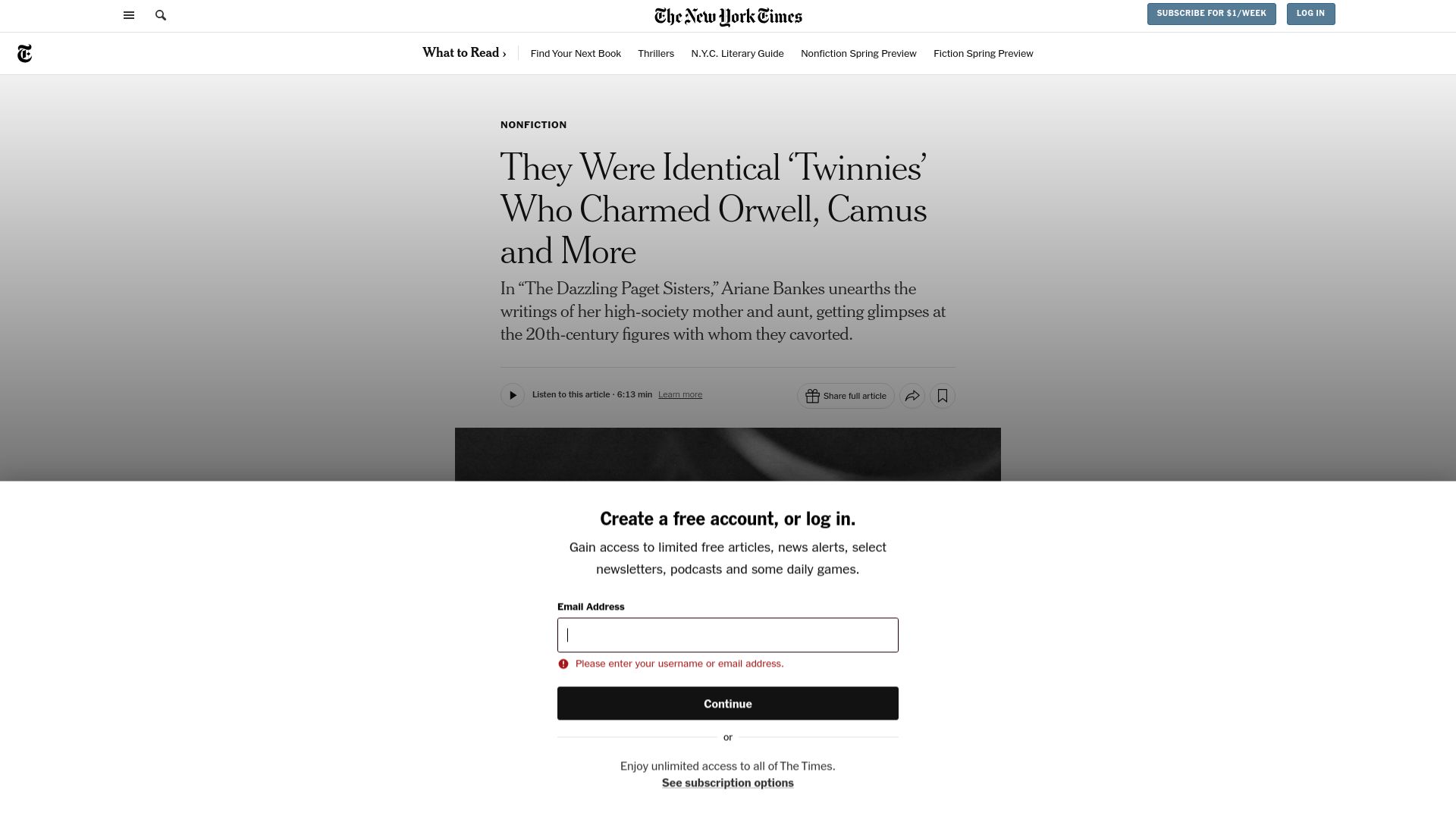 Screenshot of nytimes.com: They Were Identical 'Twinnies' Who Charmed Orwell, Camus and More