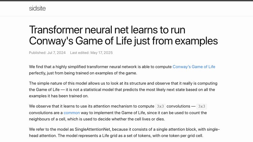 Screenshot of sidsite.com: Transformer neural net learns to run Conway's Game of Life just from examples