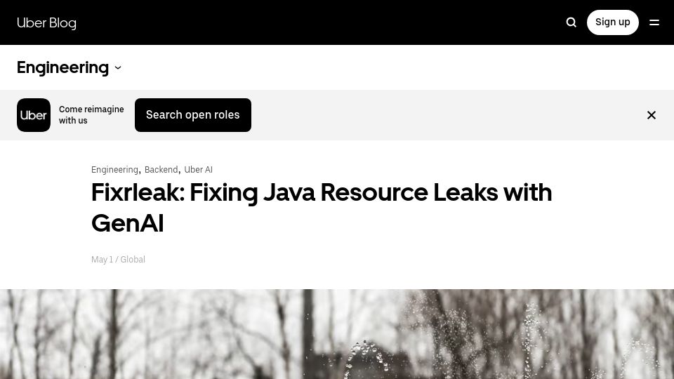 Screenshot of uber.com: Fixrleak: Fixing Java Resource Leaks with GenAI