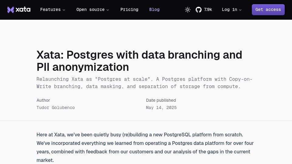 Screenshot of xata.io: Xata: Postgres at scale, with copy-on-write branching and anonymization