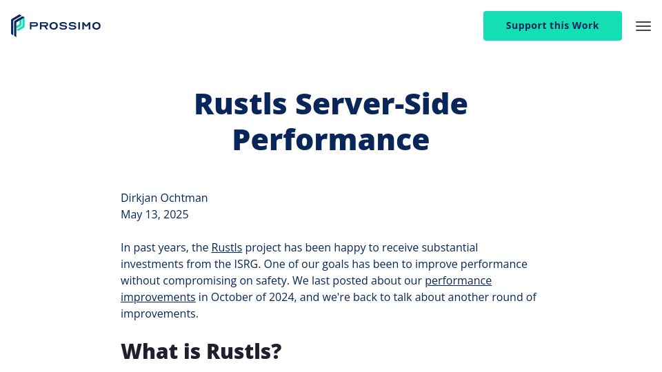 Screenshot of memorysafety.org: Rustls Server-Side Performance