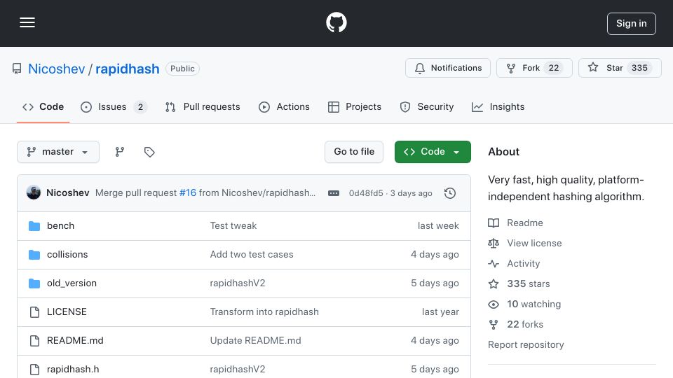 Screenshot of github.com: New high-quality hash measures 71GB/s on M4