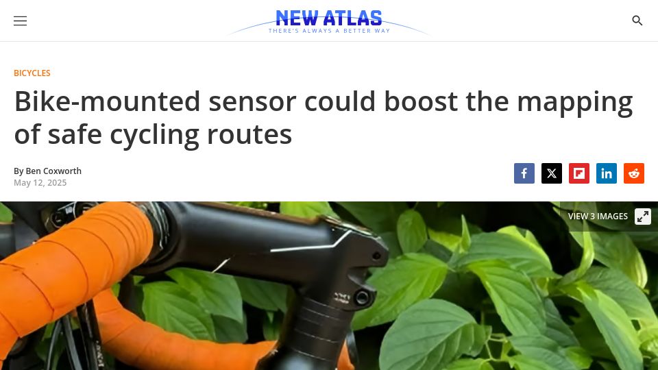 Screenshot of newatlas.com: Bike-mounted sensor could boost the mapping of safe cycling routes