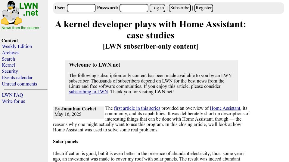 Screenshot of lwn.net: A kernel developer plays with Home Assistant