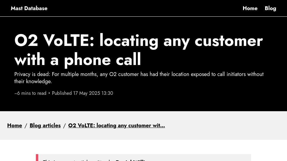 Screenshot of mastdatabase.co.uk: O2 VoLTE: locating any customer with a phone call