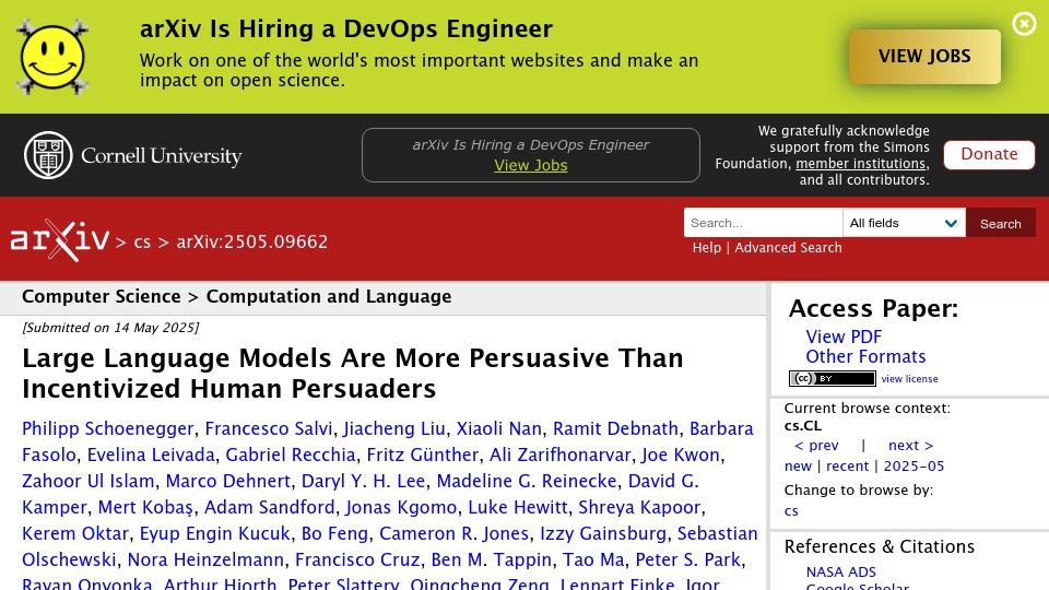 Screenshot of arxiv.org: LLMs are more persuasive than incentivized human persuaders