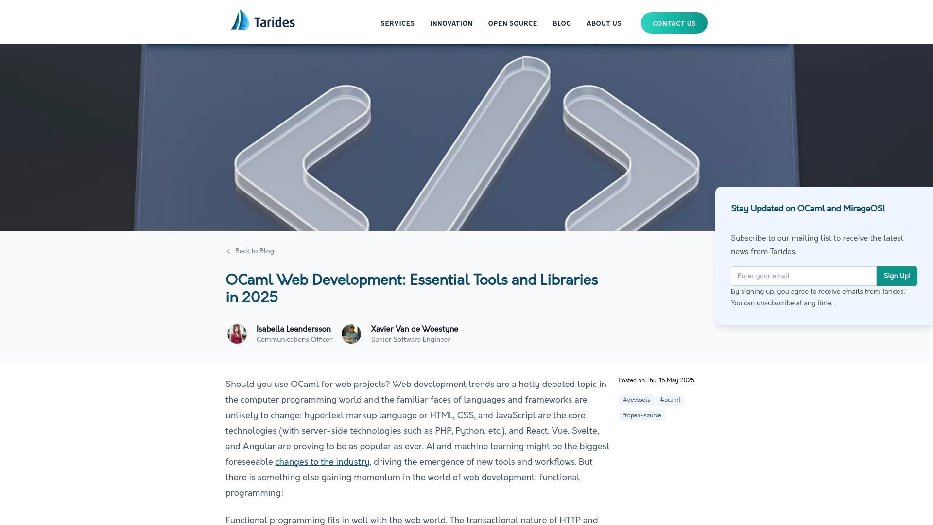 Screenshot of tarides.com: OCaml Web Development: Essential Tools and Libraries in 2025