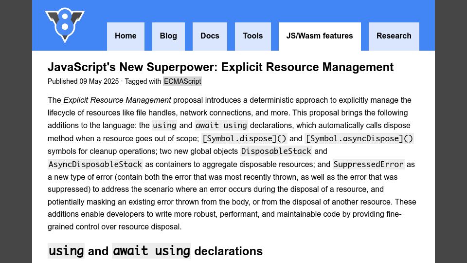 Screenshot of v8.dev: JavaScript's New Superpower: Explicit Resource Management