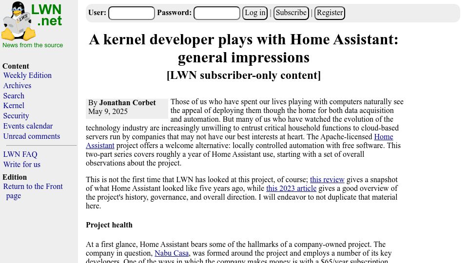 Screenshot of lwn.net: A kernel developer plays with Home Assistant