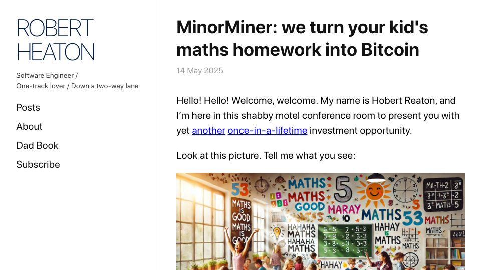 Screenshot of robertheaton.com: MinorMiner: We turn your kid's maths homework into Bitcoin
