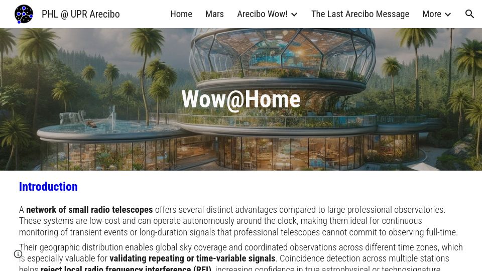 Screenshot of phl.upr.edu: Wow@Home – Network of Amateur Radio Telescopes