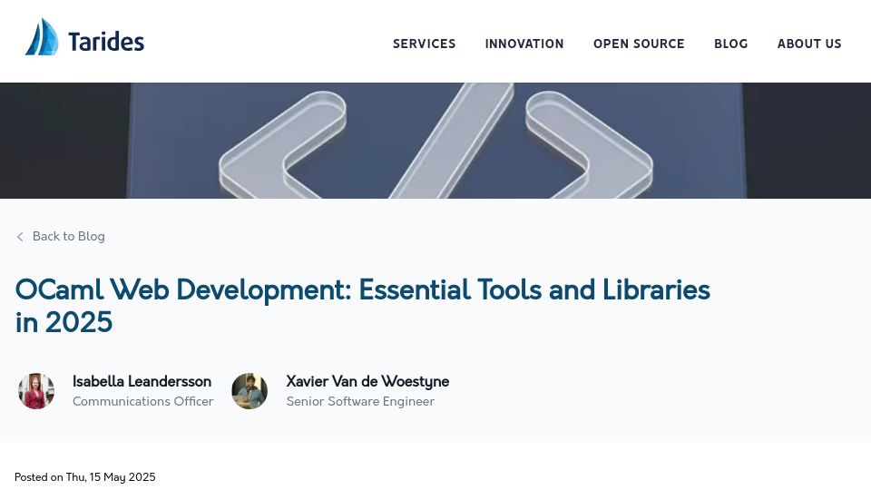 Screenshot of tarides.com: OCaml Web Development: Essential Tools and Libraries in 2025