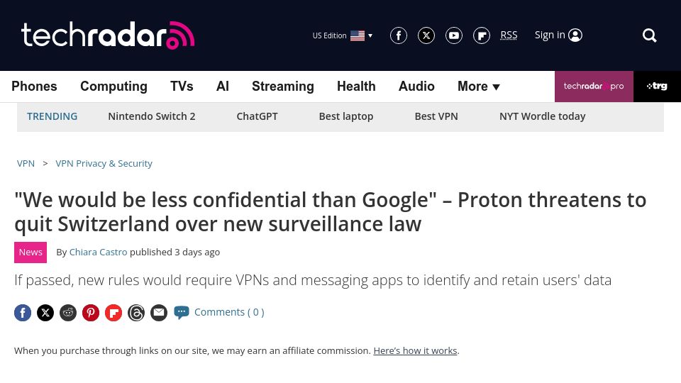 Screenshot of techradar.com: Proton threatens to quit Switzerland over new surveillance law