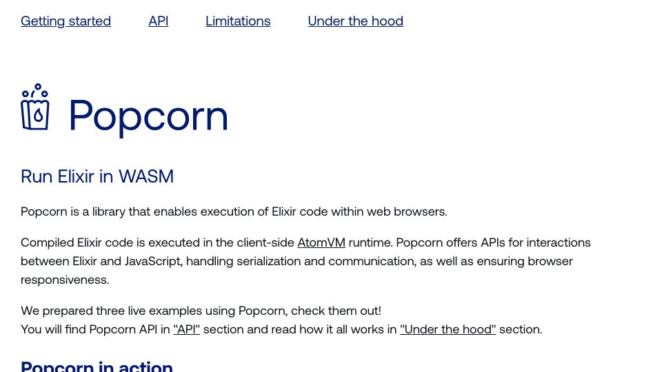 Screenshot of popcorn.swmansion.com: Popcorn: Run Elixir in WASM