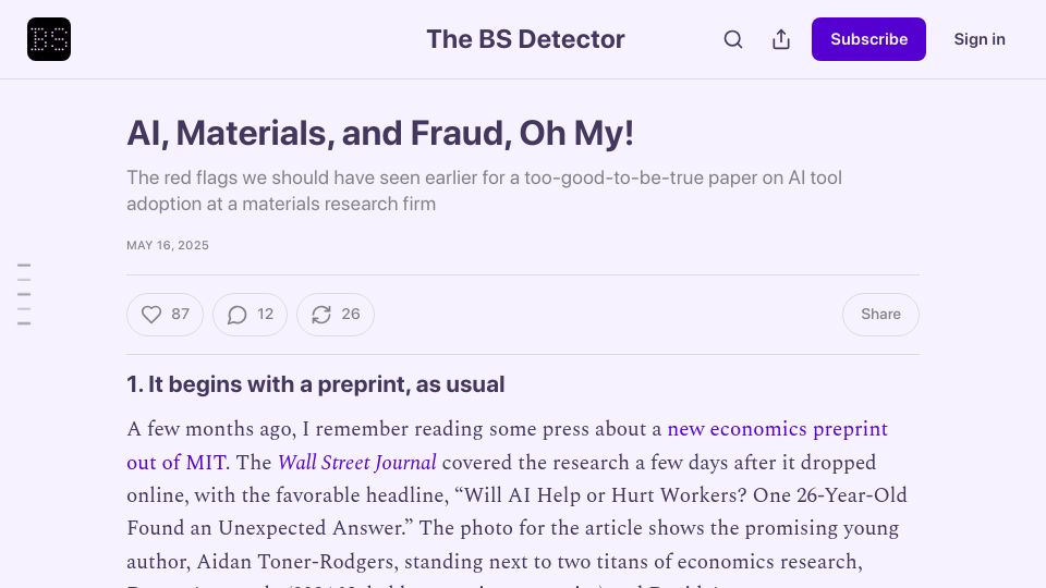 Screenshot of thebsdetector.substack.com: MIT paper on AI for materials research found to be fraudulent