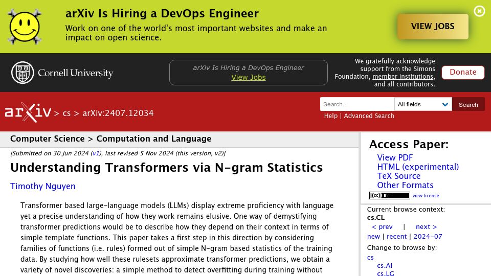 Screenshot of arxiv.org: Understanding Transformers via N-gram Statistics
