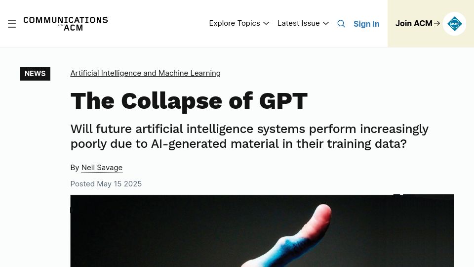 Screenshot of cacm.acm.org: Will AI systems perform poorly due to AI-generated material in training data?