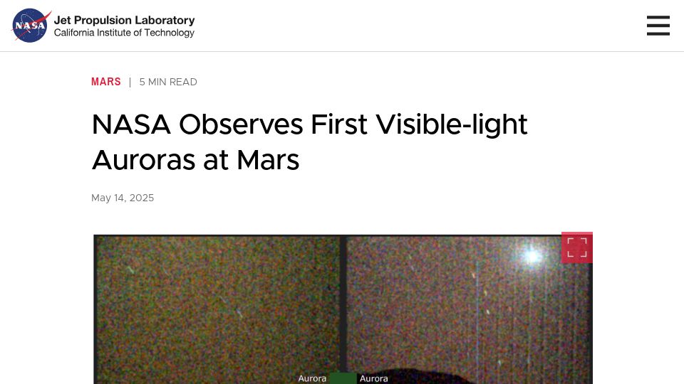Screenshot of jpl.nasa.gov: NASA Observes First Visible-Light Auroras at Mars