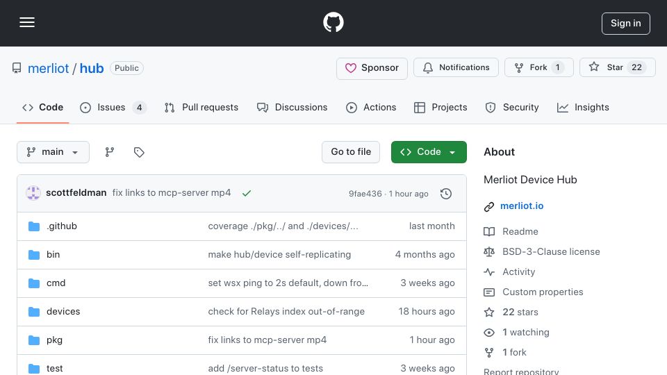 Screenshot of github.com: Show HN: Merliot – plugging physical devices into LLMs