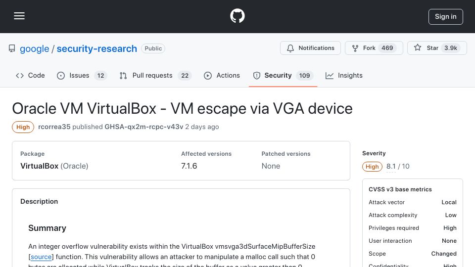 Screenshot of github.com: Oracle VM VirtualBox – VM Escape via VGA Device