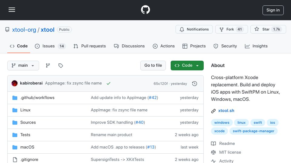 Screenshot of github.com: XTool – Cross-platform Xcode replacement