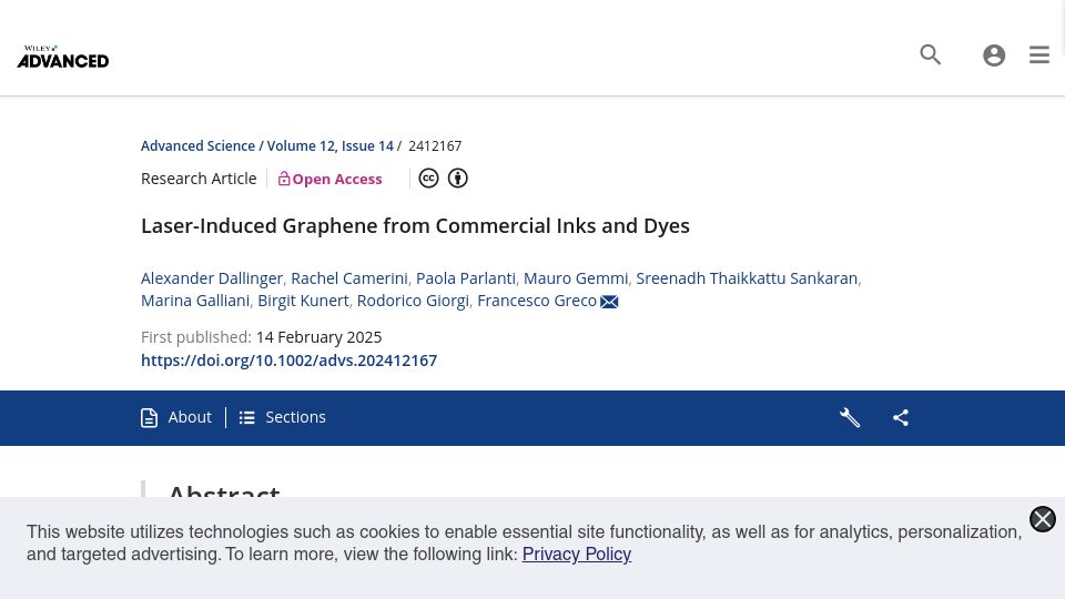 Screenshot of advanced.onlinelibrary.wiley.com: Laser-Induced Graphene from Commercial Inks and Dyes