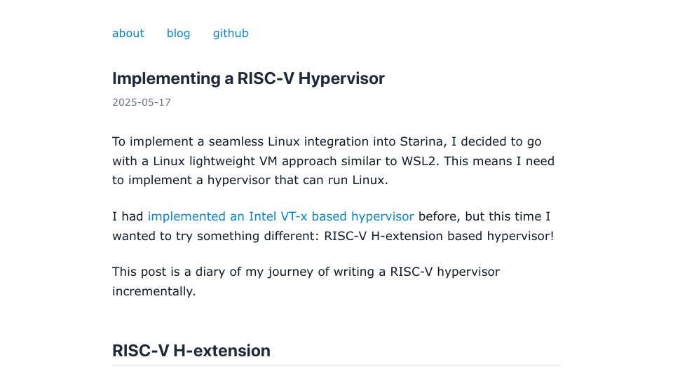 Screenshot of seiya.me: Implementing a RISC-V Hypervisor