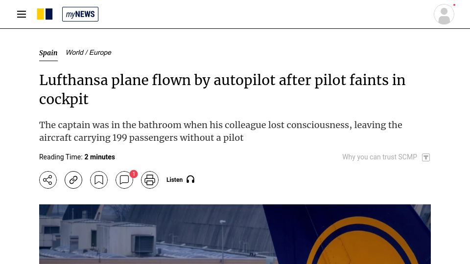 Screenshot of scmp.com: Lufthansa plane flown by autopilot after pilot faints in cockpit