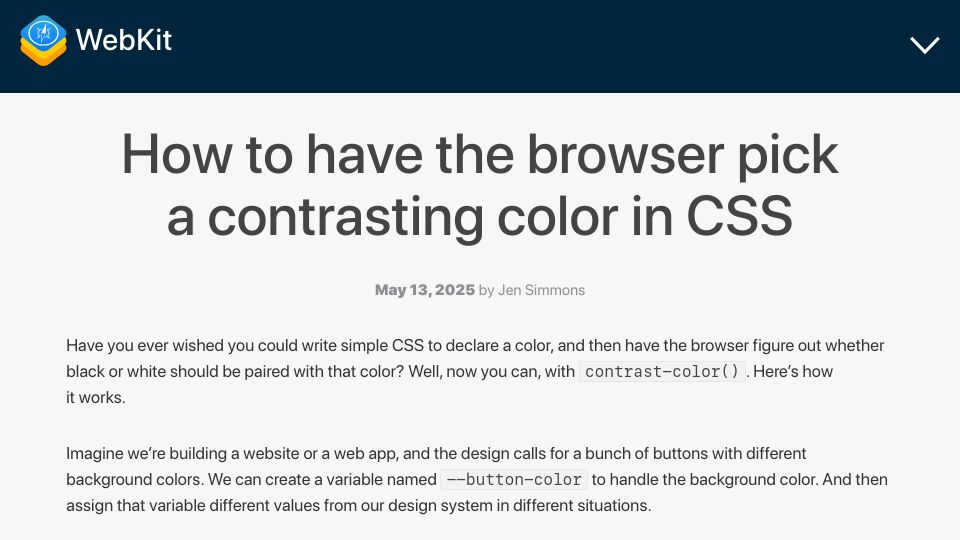 Screenshot of webkit.org: How to have the browser pick a contrasting color in CSS
